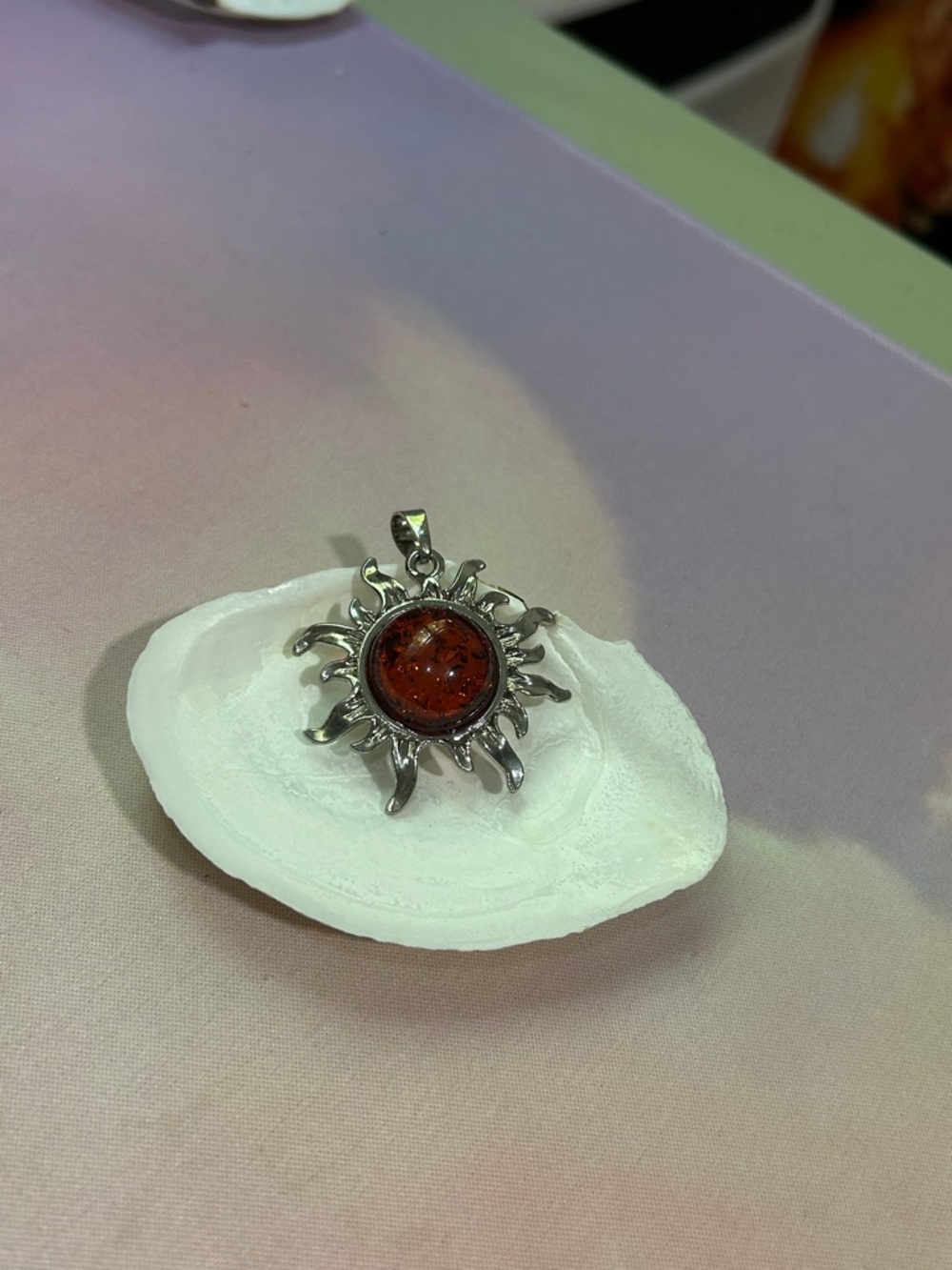 Sunburst Amber Necklace Pendant - Silver Sun Design in Orange Amber